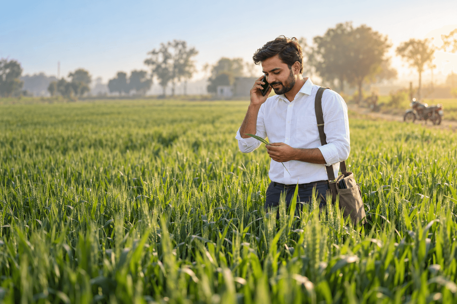 An Underwood agronomist taking a grower's call while inspecting a wheat leaf in the field
