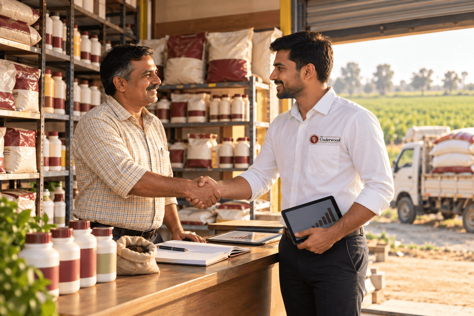 An Underwood representative shaking hands with an agri-input dealer across his shop counter