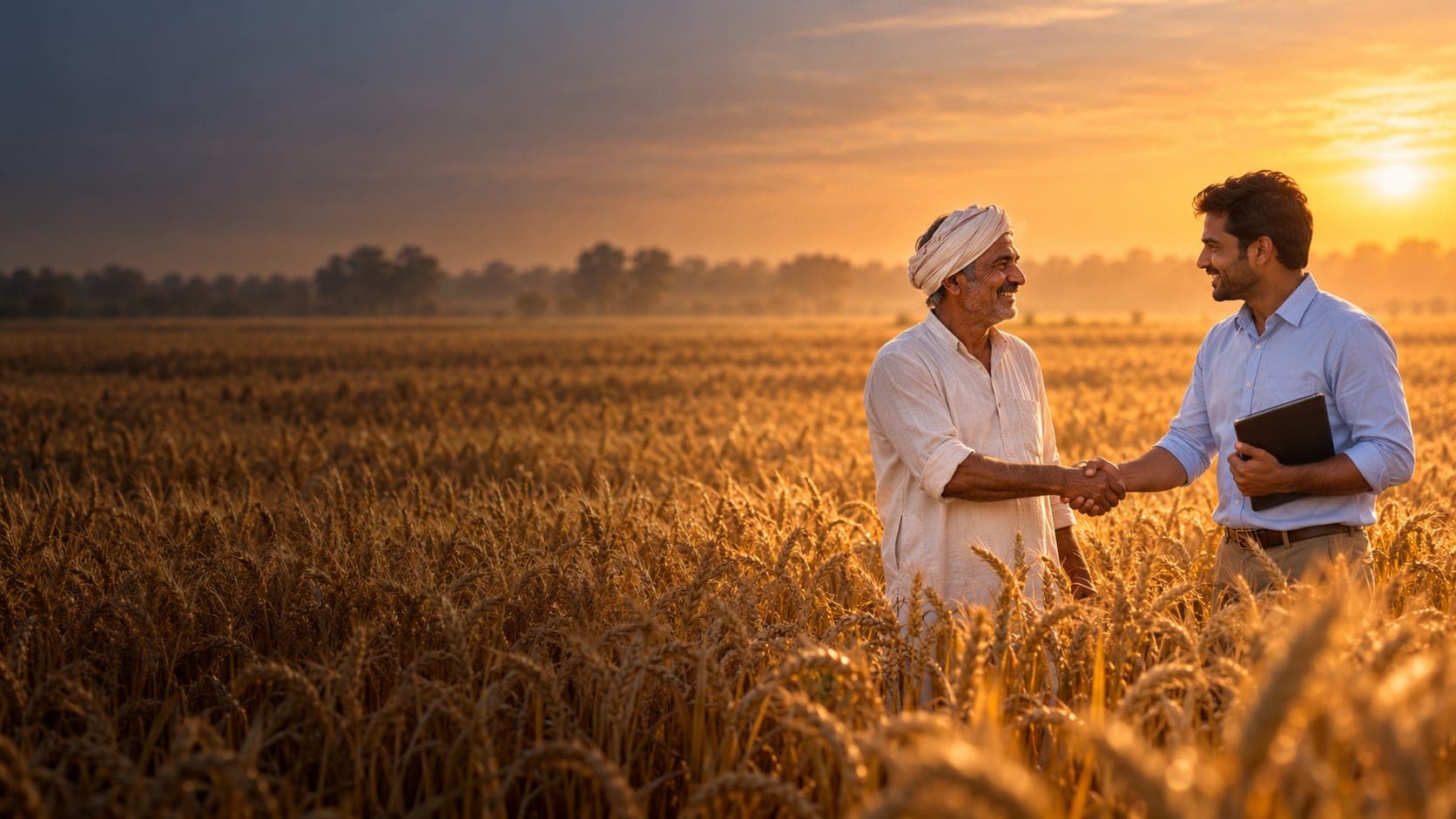 A farmer and an agronomist shaking hands in a golden wheat field at sunset
